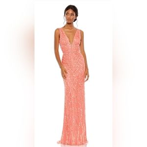 MAC DUGGAL  5669 SEQUINED PLUNGE NECK SLEEVELESS COLUMN CORAL GOWN sz 4 Nwt